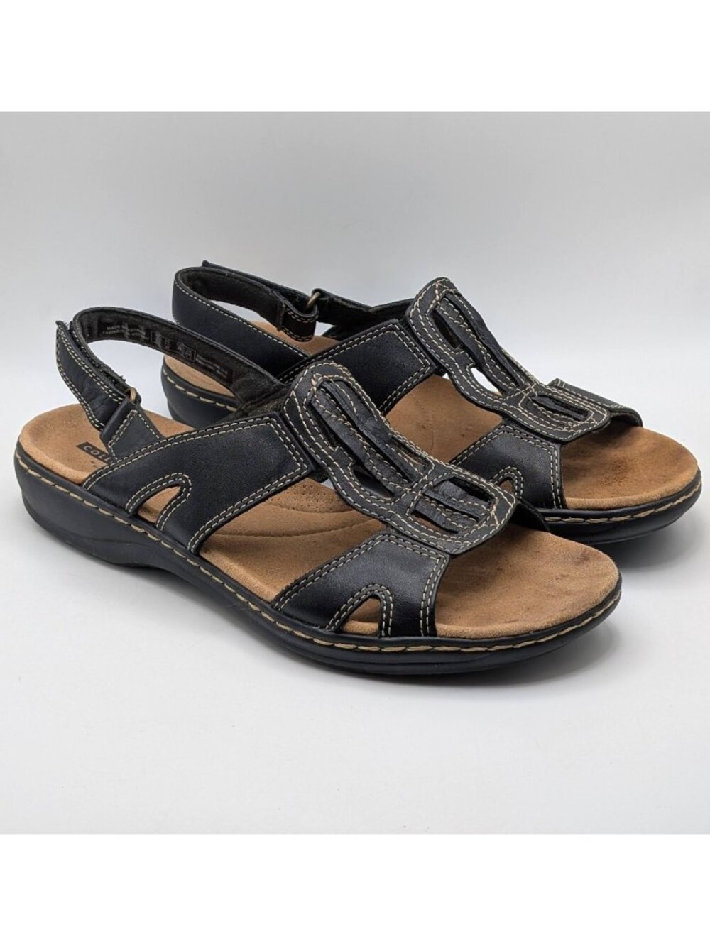 Clarks Leisa Vine Women's Sandals Black Leather Strappy Slingback Size 7.5 Wedge